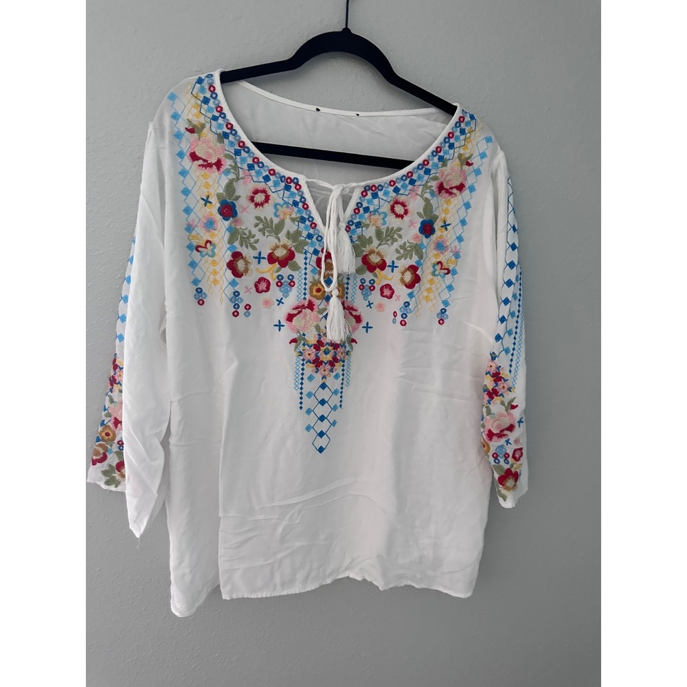 White Embroidered Floral Peasant Blouse Tassel Tie Boho Top Womens L